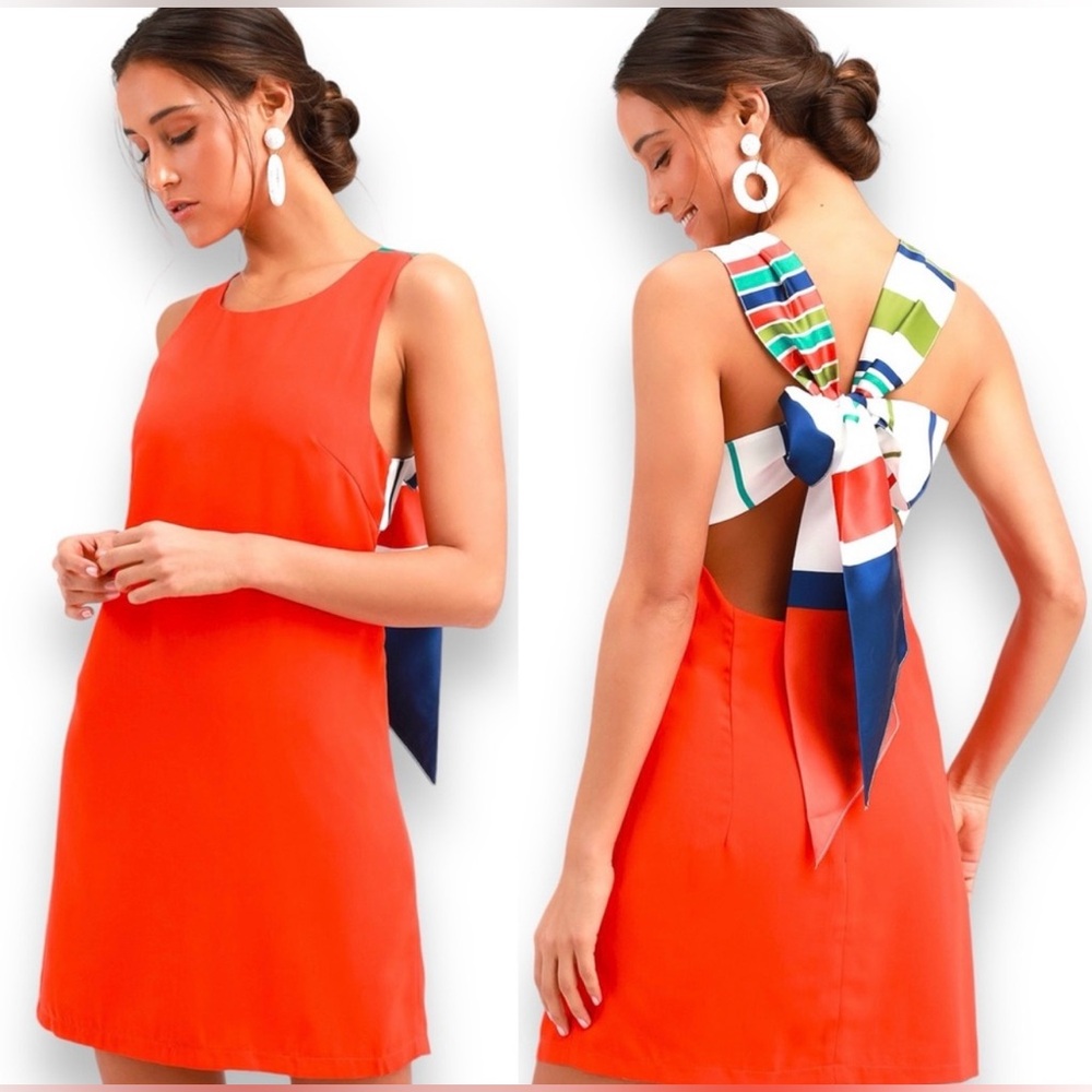 Lulus Joyful Red Orange Multi-Stripe Tie-Back Dress - Sz M